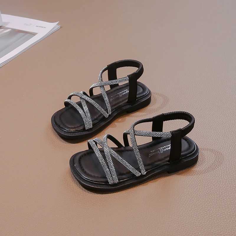 Beige/Black Girls Sandals with Buckle and Open Toes Anti slip sequins Summer PU Outdoor Girls Sandals Zapatillas Mujer W240821