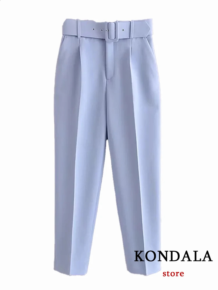 KONDALA Office Lady Light Blue Blazer Suits Women 2 Pieces V Neck Loose JacketsHigh Waist Sashes Pants Fashion Autumn Sets 240809