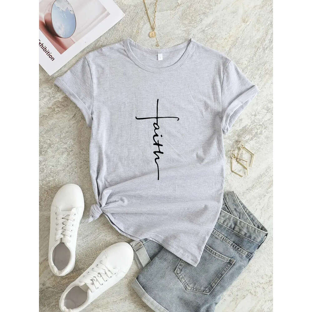 Cross Faith T-shirt Religion Print Women Aesthetic Clothes Devout Believer Tops Basic White Short Sleeve Summer Tee Shirt