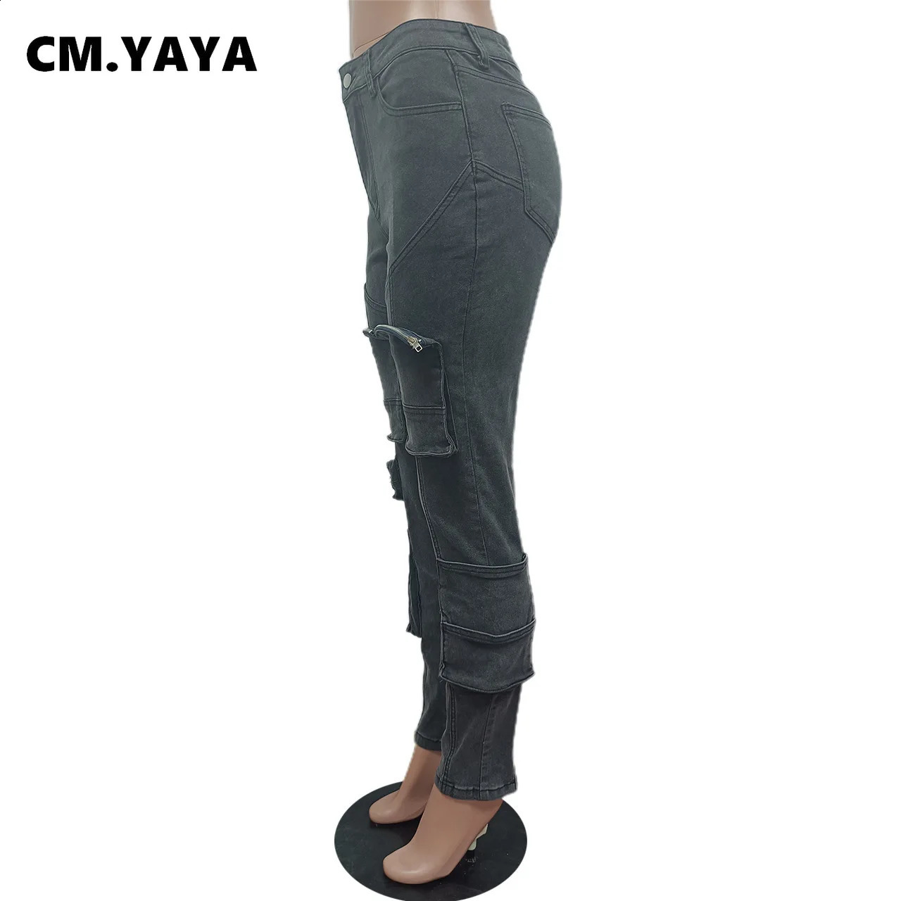 CM.YAYA Fashion Multi Pocket Front Zipper Fly Pencil Jeans Women Street Autumn Winter Denim Pants Trousers 240821