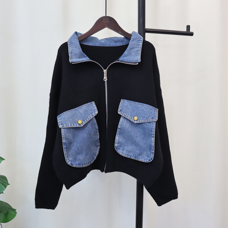 Cowboy patchwork knitted cardigan 2024 autumn winter new item, with collar design and a zipper sweater jacket for women's fashion