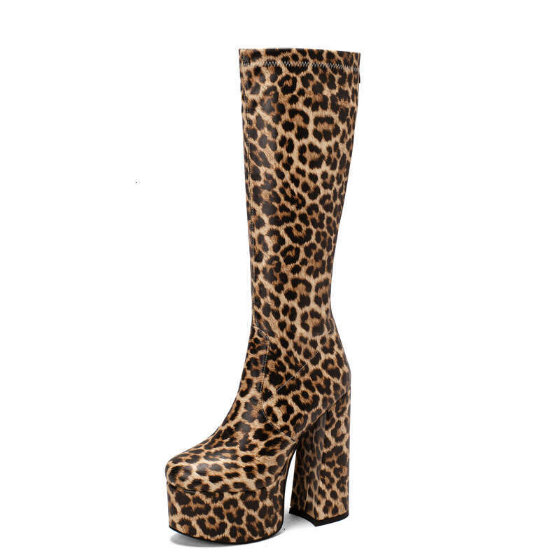 2022 Women Knee Platform Square High Heel Ladies Calf Boots PU Leather Round Toe Party Women's Shoes Black Leopard