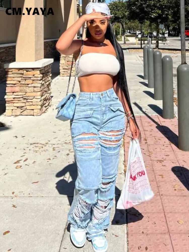 CM.YAYA Fashion Women Dripped Hollow Out Pocket Front Zipper Fly Straight Jeans Pants Steet Safari Style Denim Trousers 240821