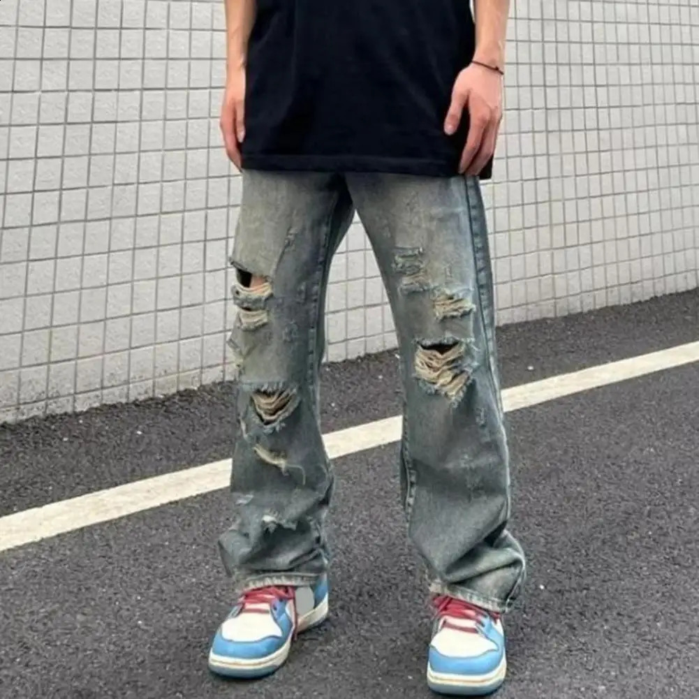 Hip Hop Style Jeans Streetwear Mens Ripped Hole Wide Leg Jeans with Multi Pockets Distressed Details for Casual Hip Hop Style 240821