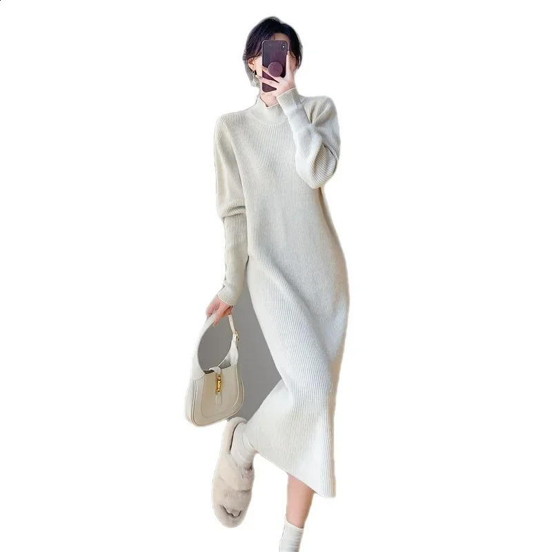 Elegant Long Straight-leg Sweater Dress For Women Autumnwinter Korean Style Coat Inner Layer 240821
