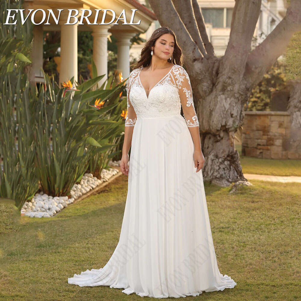 EVON BRIDAL Civil 3/4 Sleeves Wedding Dress Plus Size V-Neck Chiffon Applique Bride Gown Vestido De Novia A-e Button Back