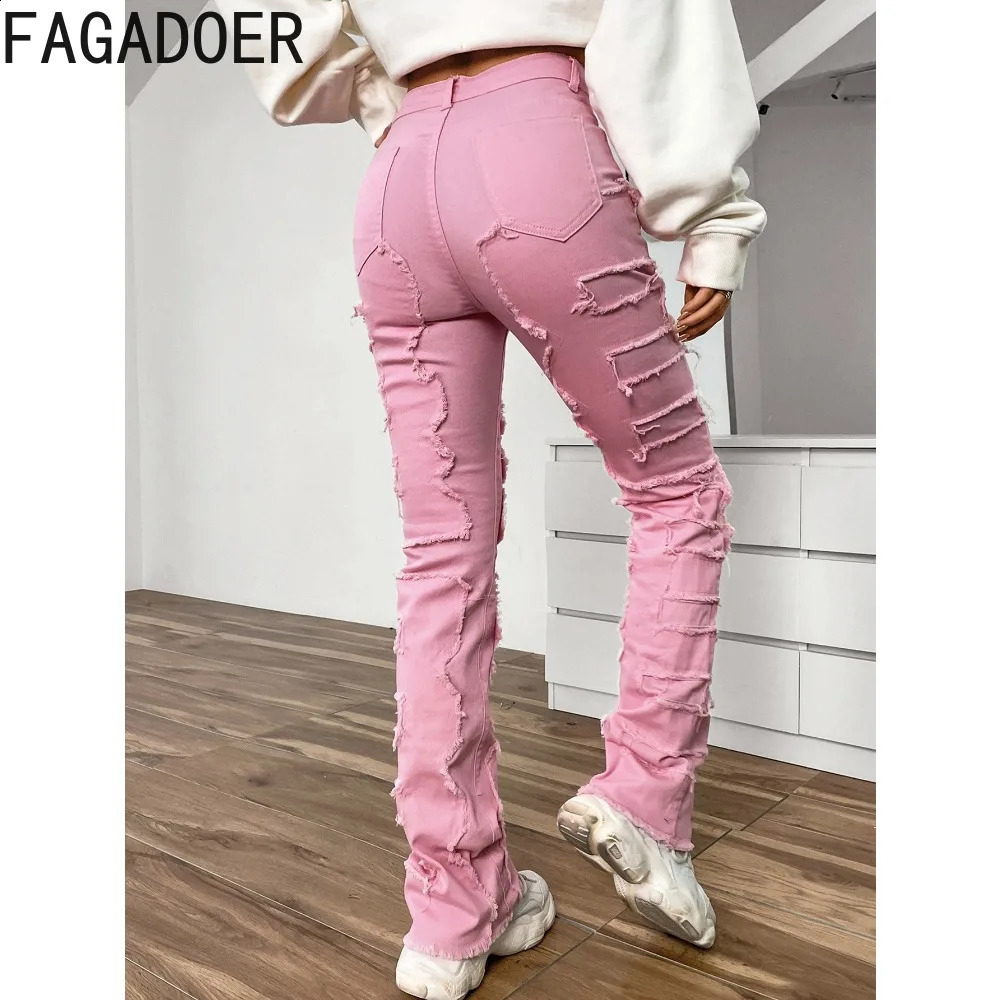 FAGADOER Embroidery Stacked Denim Pants Women High Waist Button Straight Jean Trousers Casual Elastic Cowboy Bottoms Z260313
