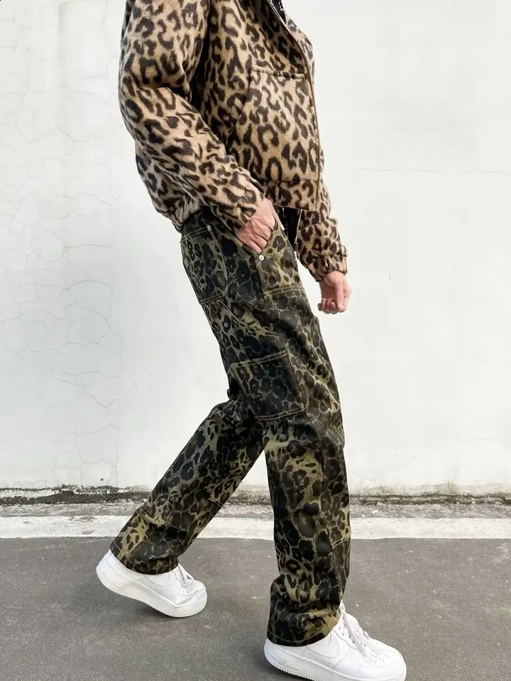 Baggy Leopard Print Y2k Jeans Man Casual Wide Leg Denim Pants Fashion Streetwear Retro Straight Jeans korean fashion 240821