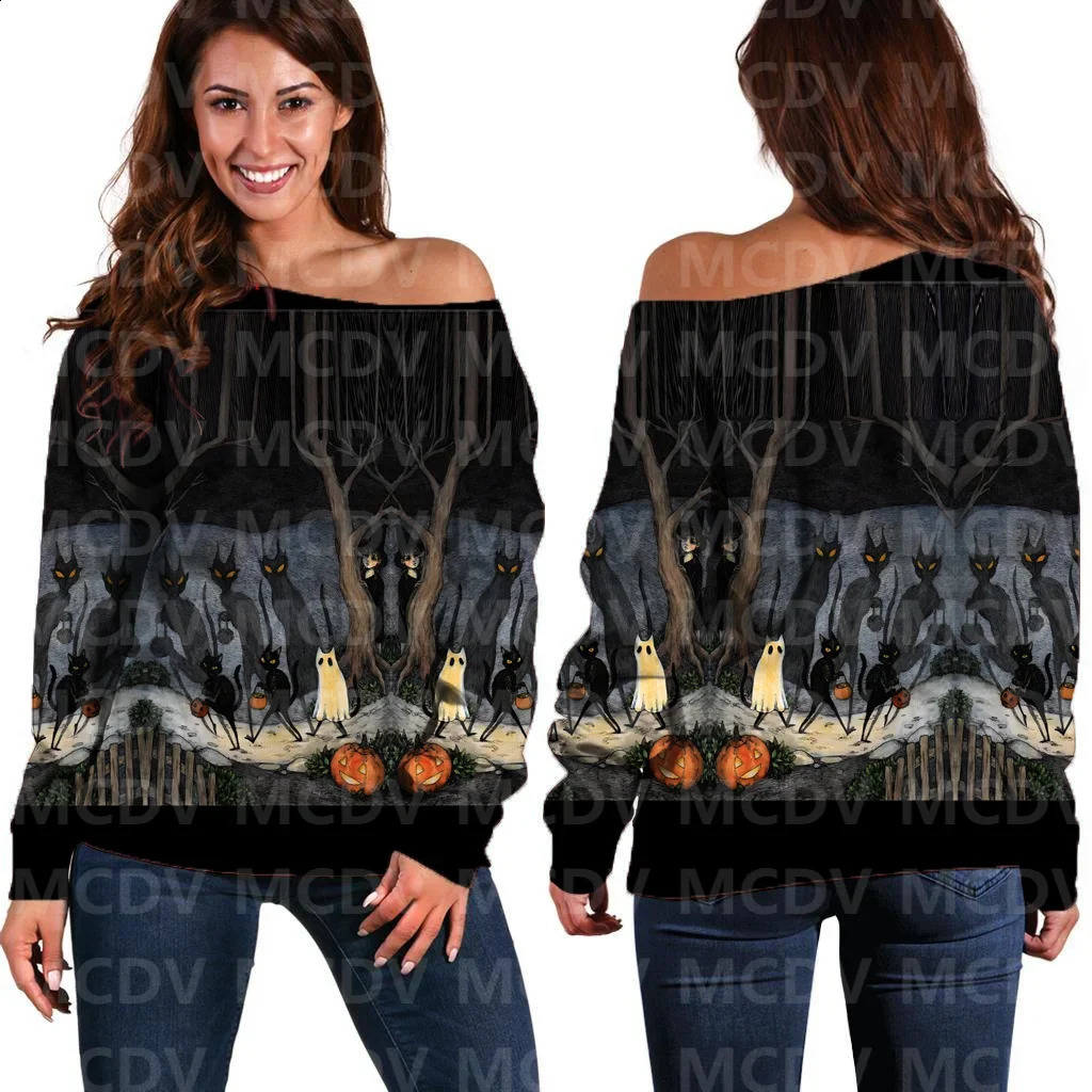 Womens off shoulder sweater Halloween cat 3D printed womens casual long sleeved 240821