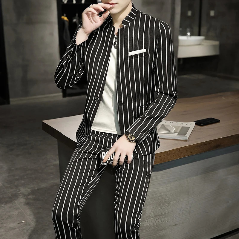 Blazer Pants Mens Fashion Business Casual Korean Version Gentleman Striped Wedding Elegant British Style 2-piece Suit 240821