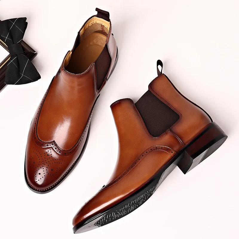 Mens Classic Retro Chelsea Boots Mens Brogue Leather Ankle Boots Mens Fashion Short Boots Casual Business Shoes 240821bj