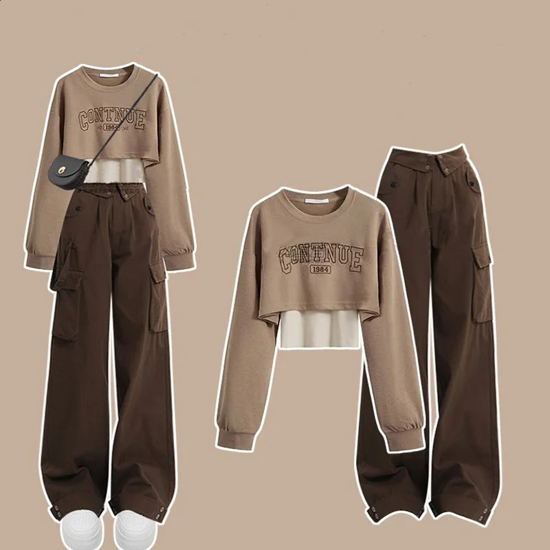 Autumn Wear Womens Set Korean Edition Round Neck Top with Hanging Strap Work Pants Three Piece Set Clothes for Women 240820