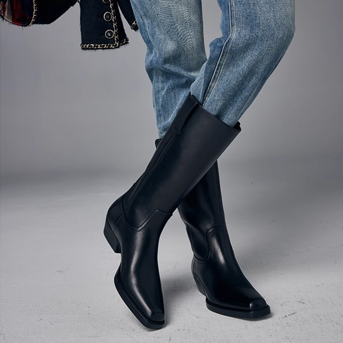 Ddmysports Grape Mama S Same Style Dussel Showcase Elegant Small Square Eaded Thick Eel Mid Length Boots Knee Lower Genuine Leather Knight OUTDOOR