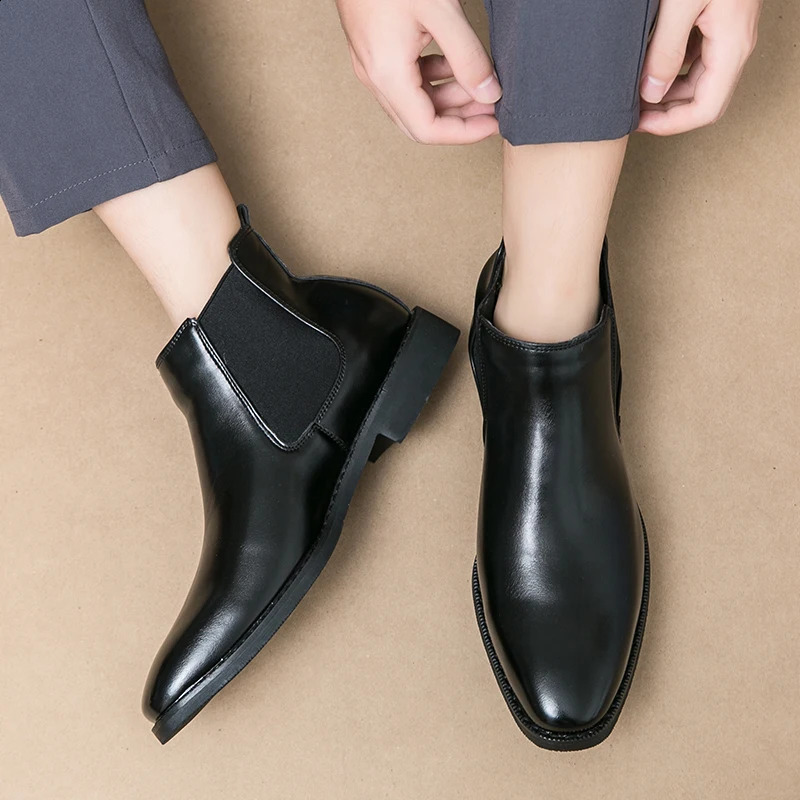 Mens Pointed Chelsea Boots Business Leather Shoes Black Brown Cowboy Autumn Winter Boots Party Dress Ankle Bottas Large 240821