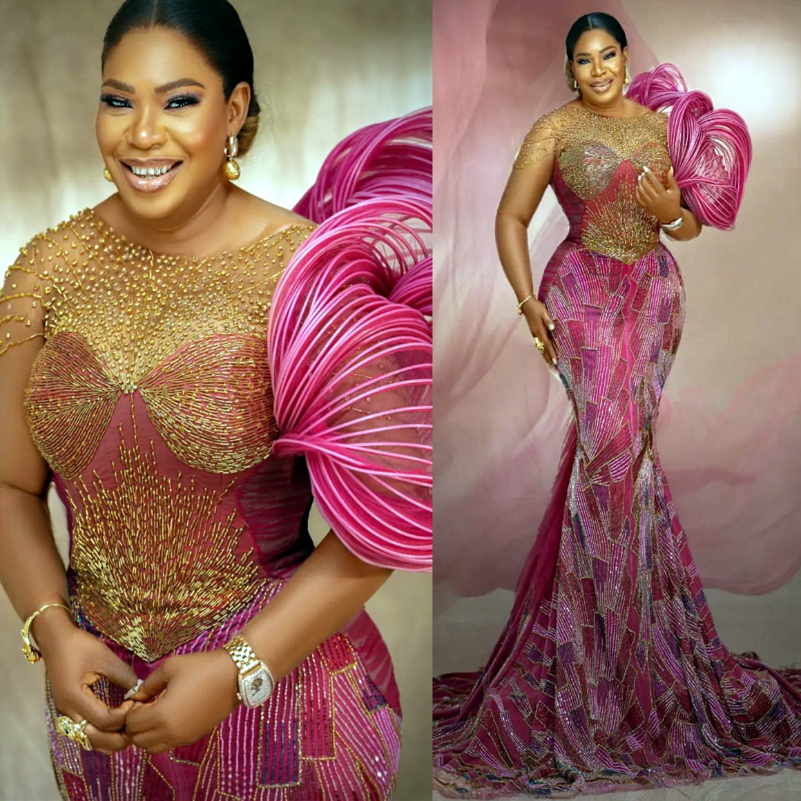 African Aso Ebi 2024 Fuchsia Mermaid Prom Dress Lace Beaded Dresses For Special Occasions Rhinestones Evening Formal Party Birthday Second Engagement 