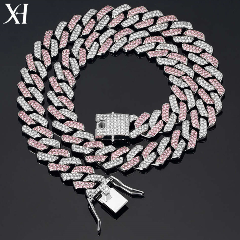 moissanite cadena cubana gold cuban k chain sailormoon necklace for man Pink Blue 14 Cuban Chain Zinc Alloy Full Dia Hiphop Necklace Mens and Women