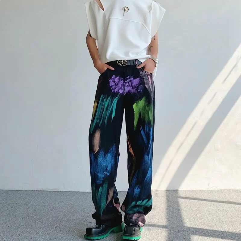 Loose-fit Slimming Straight-leg Casual Jeans Mens Colorful Hand-drawn Brush Style American Vibe Summer Pants Street Trousers 240821