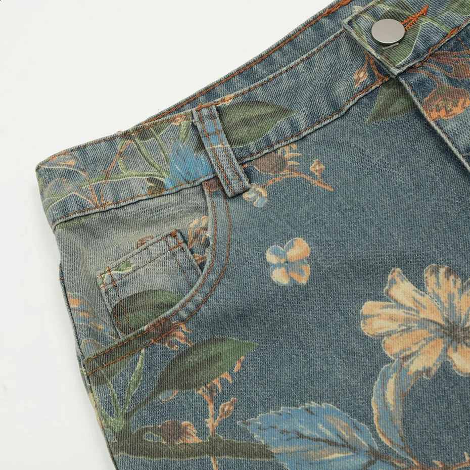 Flower Printed Baggy Jeans Vintage Blue Loose Straight Denim Pants Men Streetwear Harajuku Hip Hop Oversized Jeans Trousers 240821