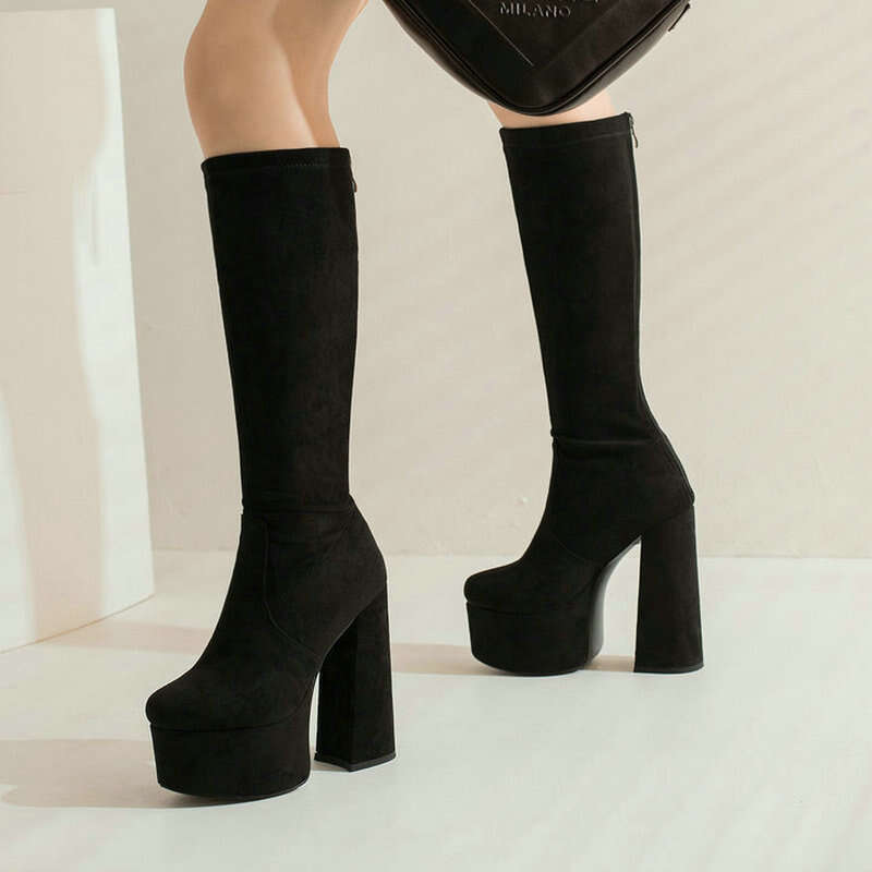 2022 Women Knee Platform Square High Heel Ladies Calf Boots PU Leather Round Toe Party Women's Shoes Black Leopard