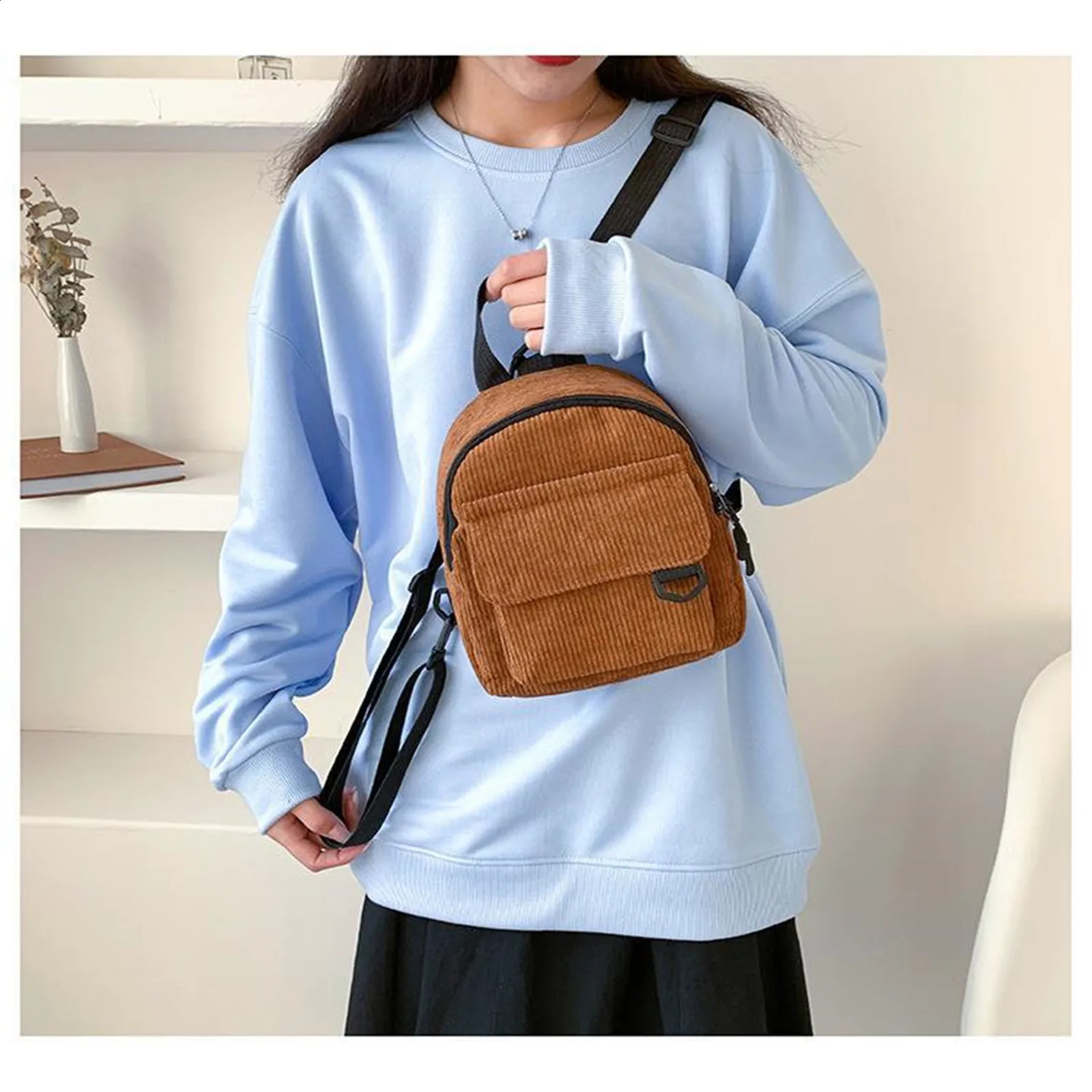Fashion Womens Mini Backpack Solid Color Corduroy Small Simple Casual Traveling Large Capacity Bookbag Female Schoolbag y240925