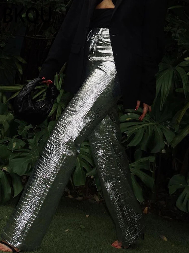 BKQU Gold Sliver Leather Straight Wide Leg Pants for Women Fashion Streetwear High Waist Scale Leather Party Club Trousers 240820