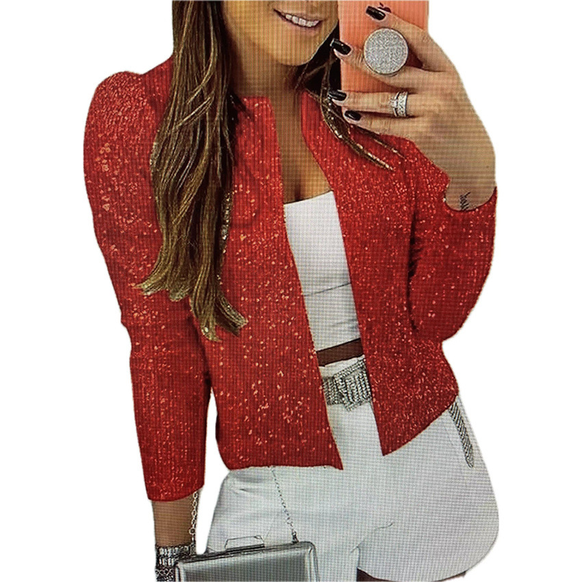Women's 2024 spring round neck long sleeved solid color cardigan casual versatile sequin jacket