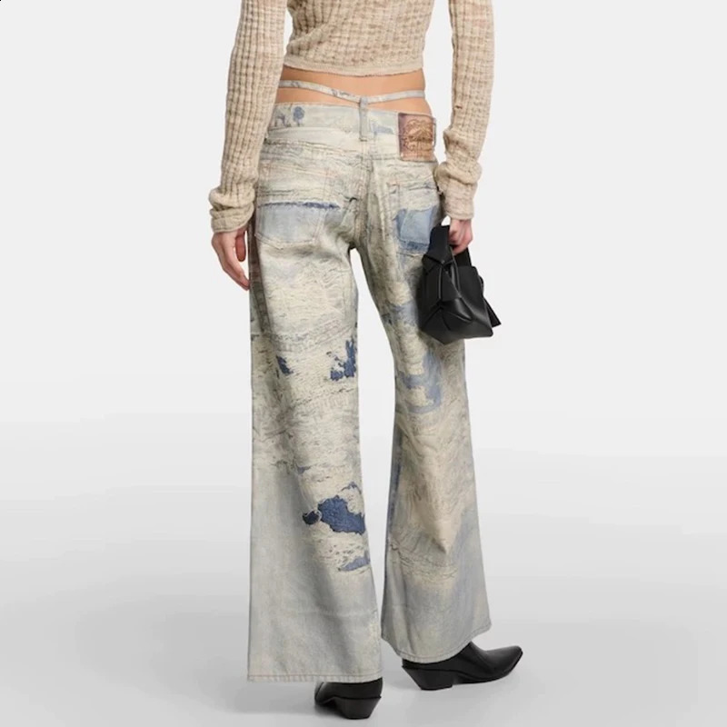 High Street Tie Dye 3D Print Frayed Wide Leg Baggy Blue Jeans for Men and Women Wide Leg Casual Loose Denim Trousers Oversized 240821