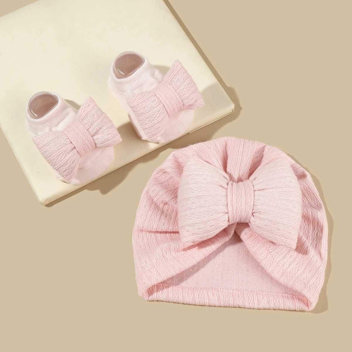 2 pieces of newborn baby bow hat sock set solid color cotton baby girl turbo hat anti slip socks W240820