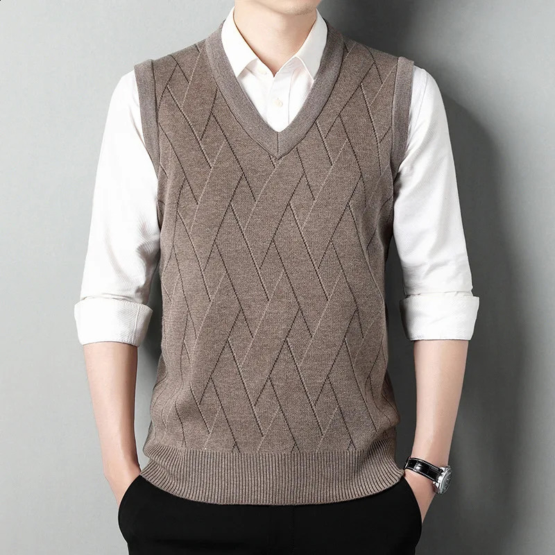 Spring Autumn Casual Fashion Mens Sweater Tank Top Print Stripe V-neck Patchwork Screw Thread Loose Knitted Sleeveless Top 240821