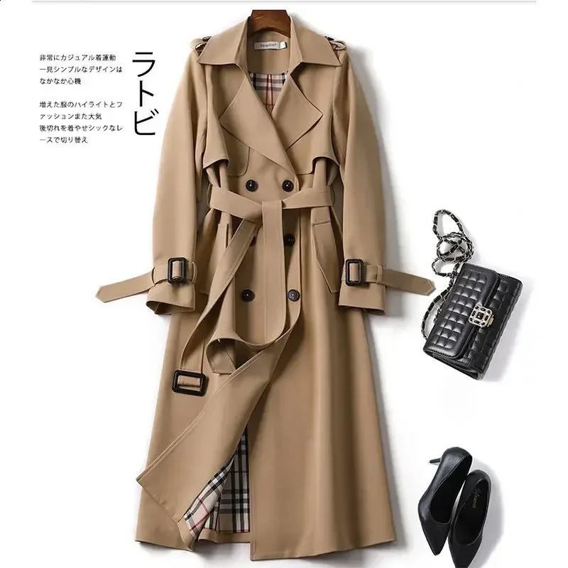 High quality double layer casual windbreaker long spring and autumn style versatile British kneehigh coat for women y240823
