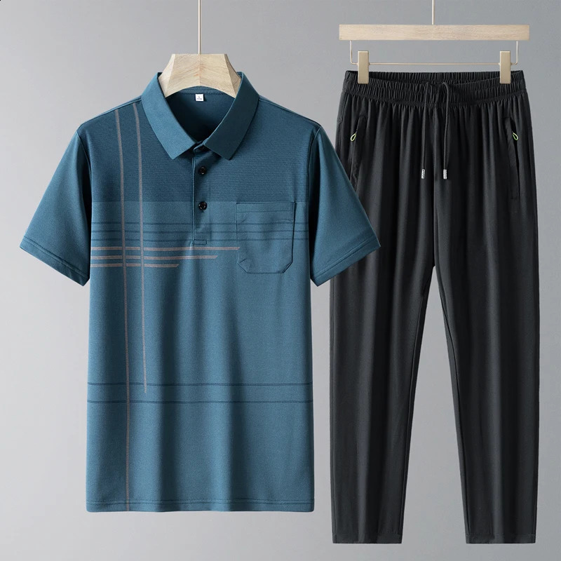 Simplicity Casual Summer Print Ice Silk Mens Lapel Button Pockets Loose Short Sleeve Tops Trend Elastic Waist Pants Sets 240821