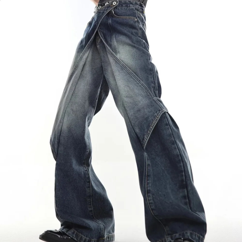 Men Casual Jeans Summer Heavy-Duty Old Washed Jeans Deconstructed Cut-Out n Gradient Color Flared Pants Wide-Leg Pants 240821