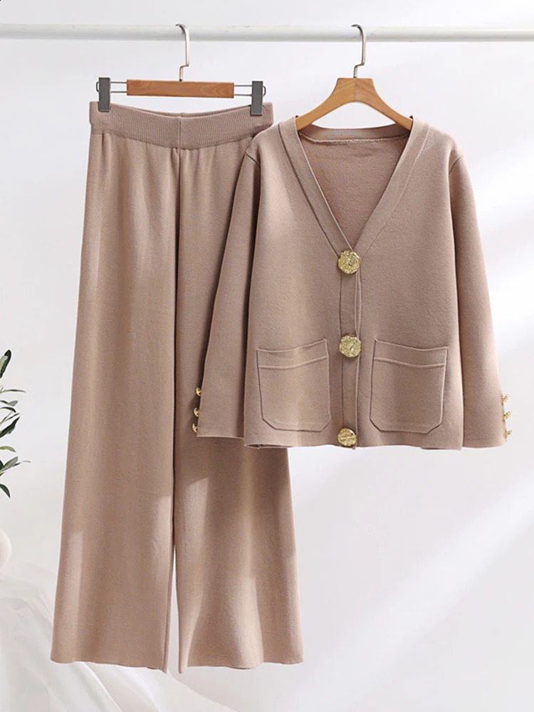 XFPV Women Solid V-Neck Long Sleeve Single Breasted Coat Elastic Waist Wide Leg Pants Two Piece Set Autumn Winter SM9785 240820