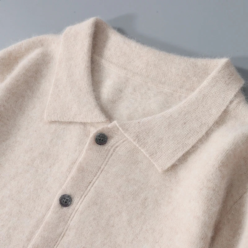 Autumn and Winter Mens 100% Mink Cashmere Thick Sweater Knitted POLO Collar Jacket Casual Business Long Sleeved Cardigan 240821