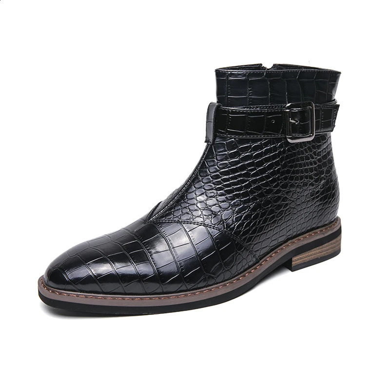 High end banquet formal boots winter ankle boots mens business shoes Pointed mens genuine leather shoes retro brown 240821