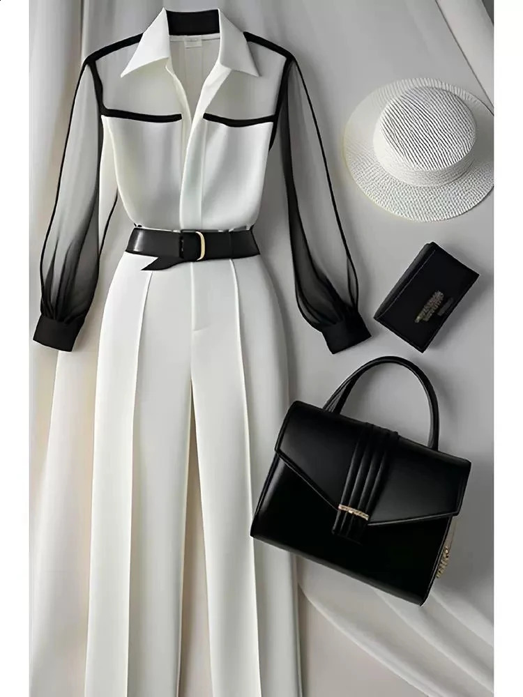 White Tailored Trousers Loose Pants Suit Womens Two Peice Sets Vintage Perspective Shirt Autumn Blouse Sleeve Korean Top 642 240820