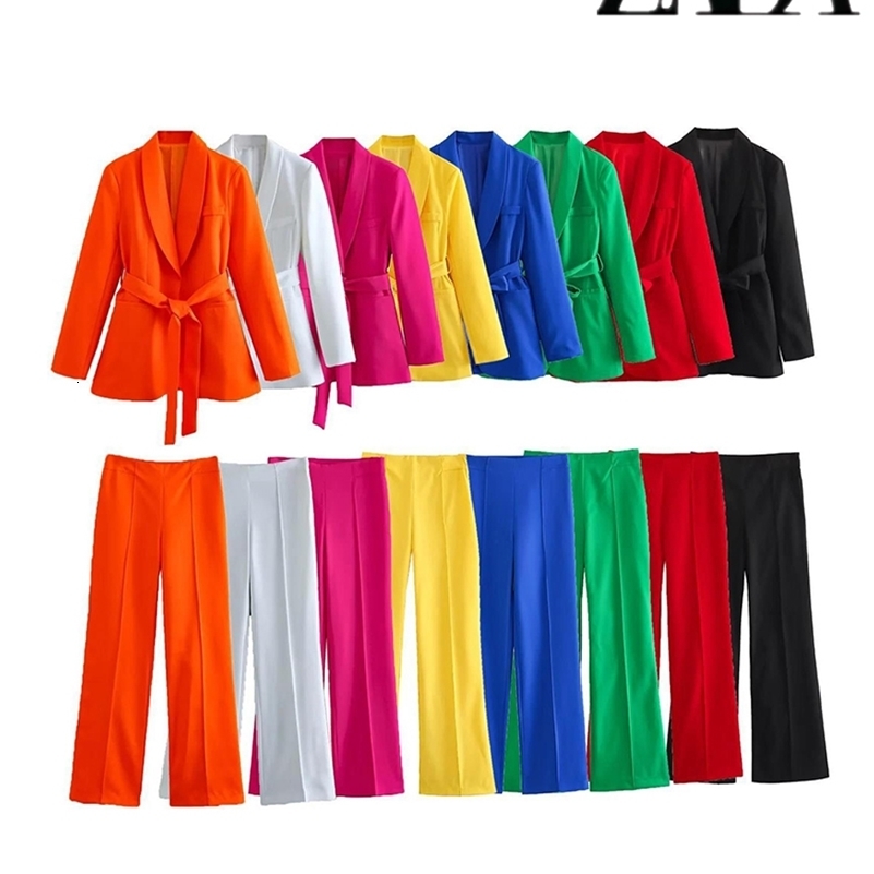 TRAF Womens Street Casual Suit Set Belt Decoration V-Neck Blazer Simple High Waisted Wide Leg Pants Set Sexy Womens Suit 240820