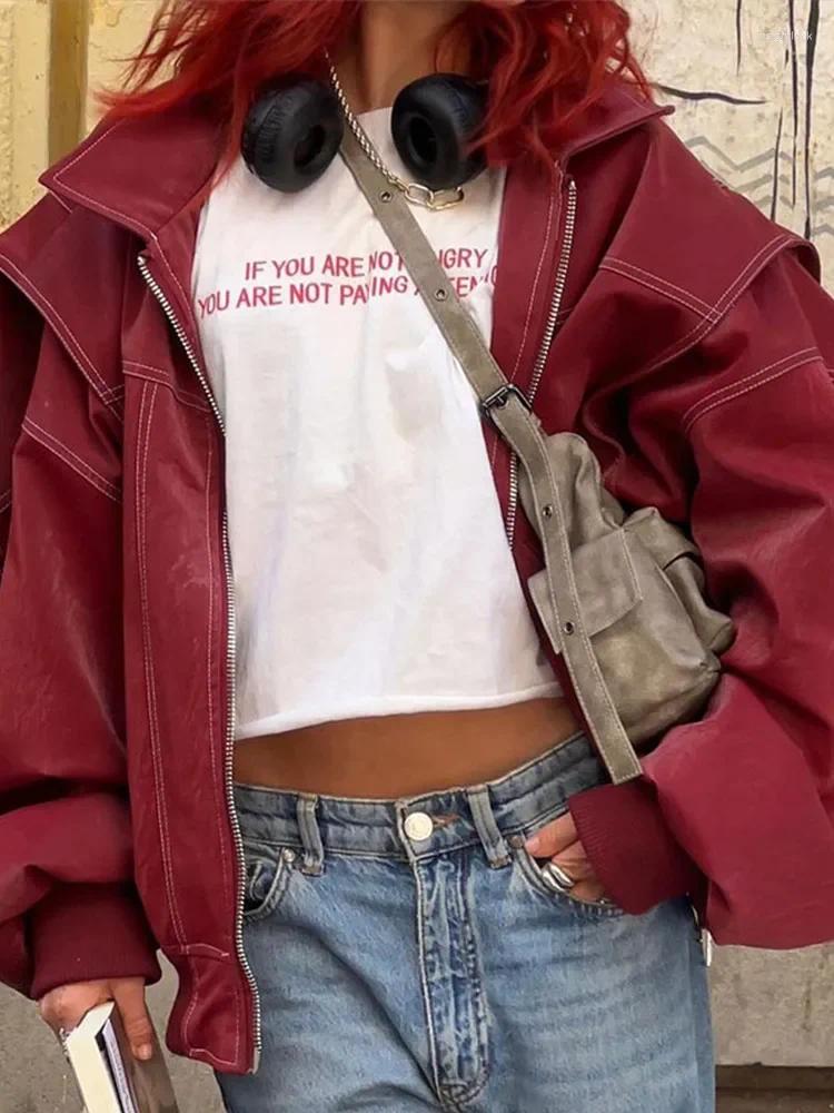 Women's Jackets Vintage Zipper Contrast Stitch Jacket For Women Fashion Lapel Long Sleeve Coats 2024 Autumn Retro Lady High Street Outerwear