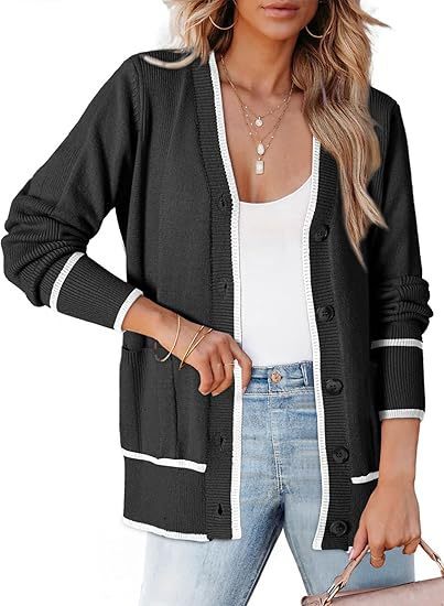 2024 Temu Xiyin Autumn/Winter New Women's Knitted Button Coat Color blocked Sweater Pocket cardigan