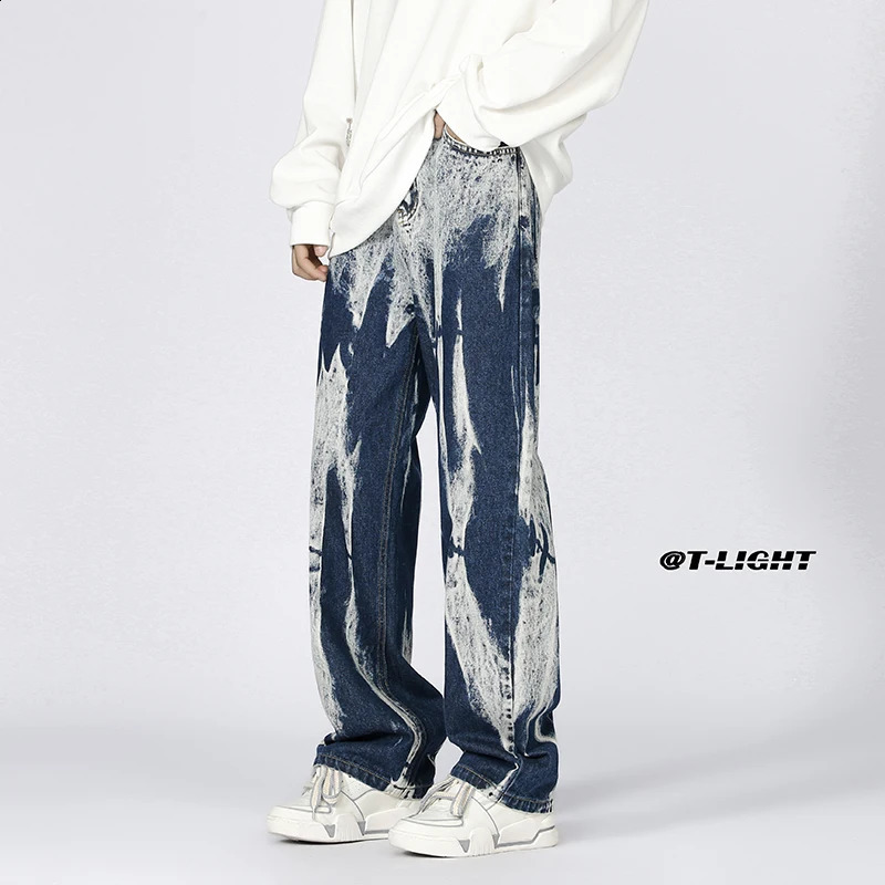 Y2k Style Mens Tie Dye Jeans Autumn Streetwear Hip Hop Loose Straight Wide Leg Pants Plus Size Baggy Denim Trousers 4XL 5XL 240821