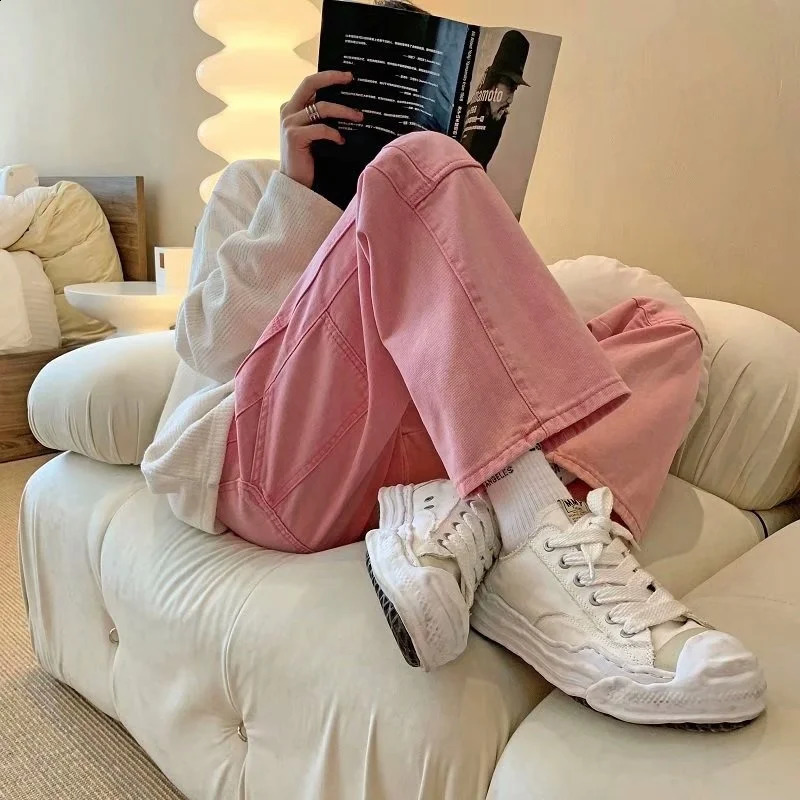 Summer Pink Jeans Men Fashion Retro Pocket Cargo Jeans Men Streetwear Hip Hop Loose Straight Denim Pants Mens Trousers S-3XL 240821