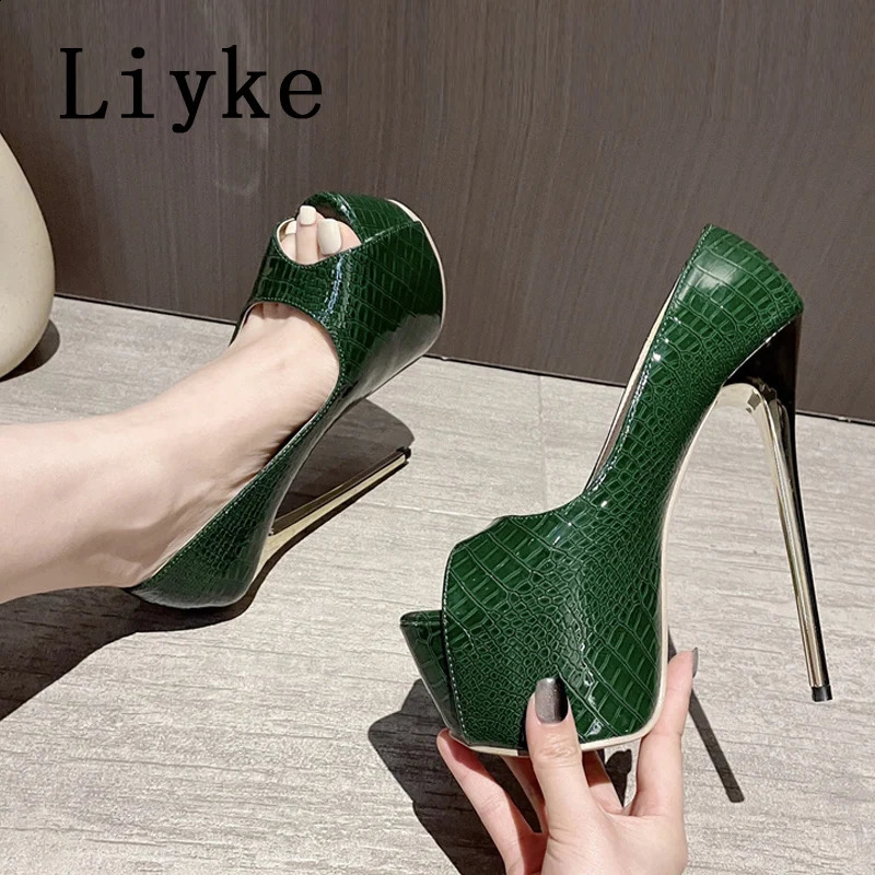 Liyke 2024 Green High Heels Women Platform Sandals Sexy Snake Print Peep Toe Club Stripper Pole Dance Shoes Pumps Size 35-42 240819