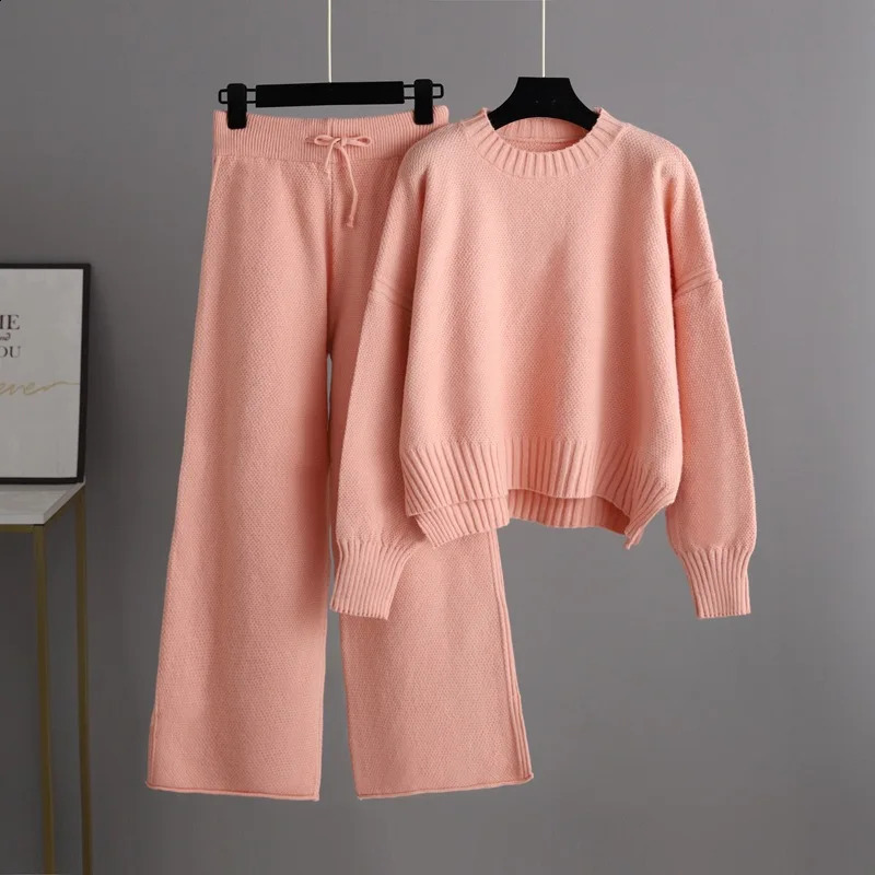 HLBCBG Basic Two Piece Knitted Loose Pants and O Neck Sweater Suit Women Autumn Winter Warm Sets Female Tracksuits Pullover 240820