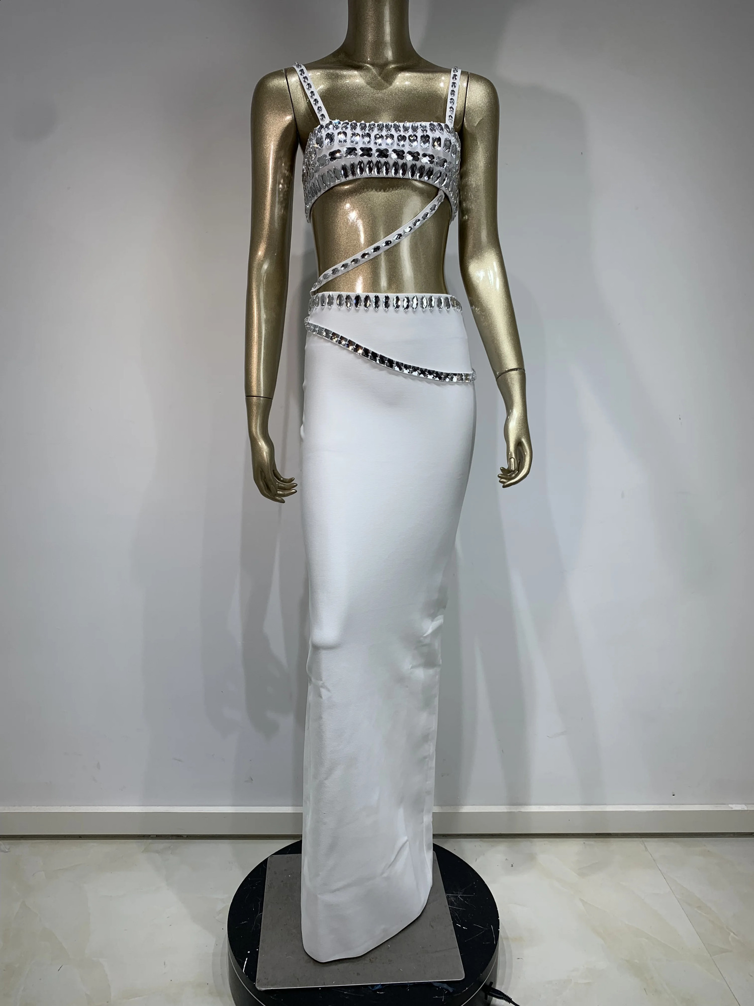 White Womens Sexy Square Neck Shining Crystal Hole Body Bandage Long Dress Celebrating Evening and Birthday 240820