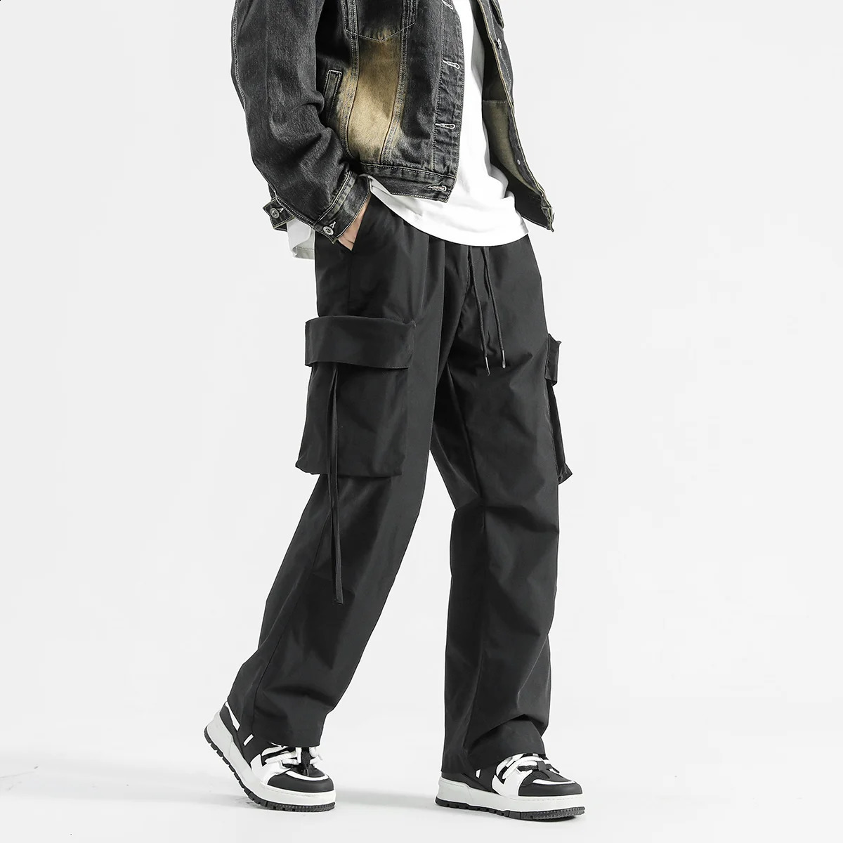 Fashion goods pants mens multi pocket ribbon runner Harlan hiphop streetwear casual Trousers 240821