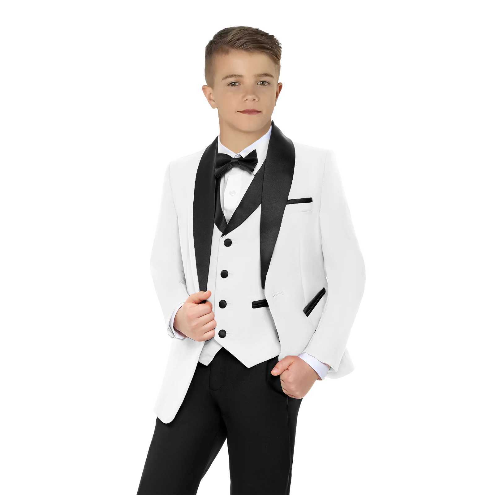 Suits White Formal Blazer Suit Set 3 to 14 Years Regular Fit Blazer Set Including Jacket Vest Pants Bow-tie Solid Kids Tuxedo