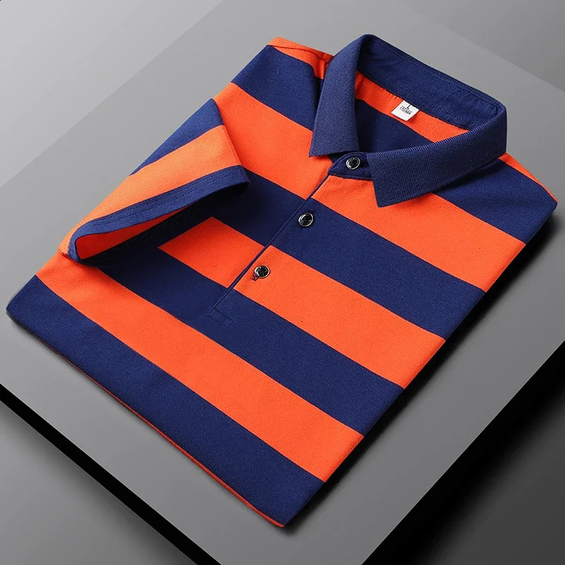 2024 Summer Style Mens Fashion Casual Work Slim Fit Cotton Polo Shirt Mens Thin Casual Striped Polo Shirt Short Large Size 240821