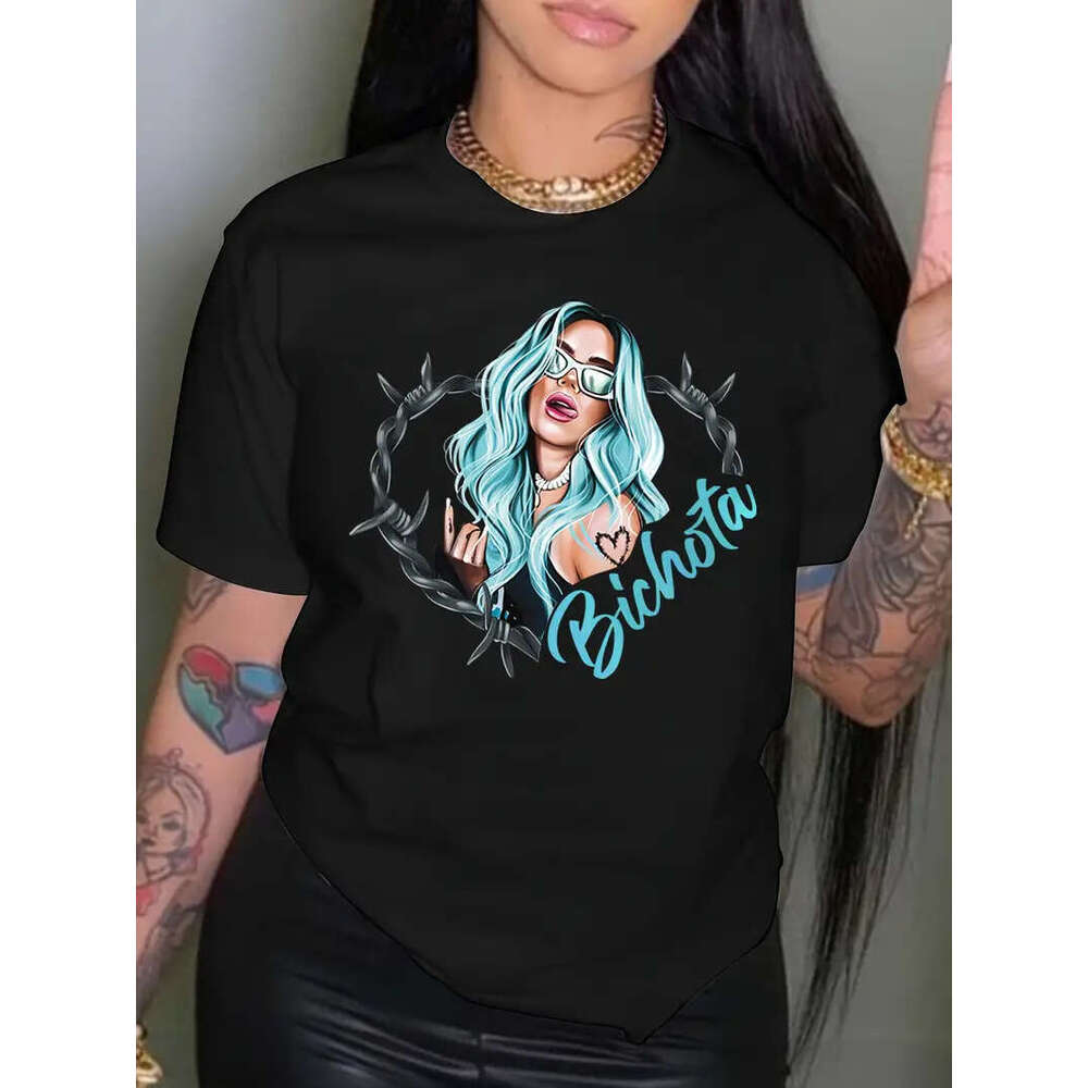Print Bichota Crew Neck T-shirt, Casual Short Sleeve Drop Shoulder Top, Women's Clothing