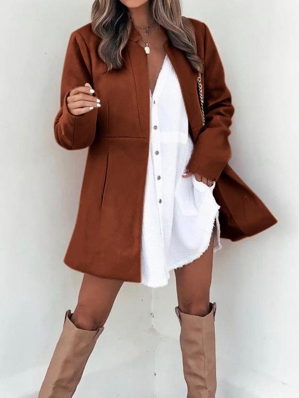 2024 autumn and winter neat color slimming long sleeved pocket woolen women's coat