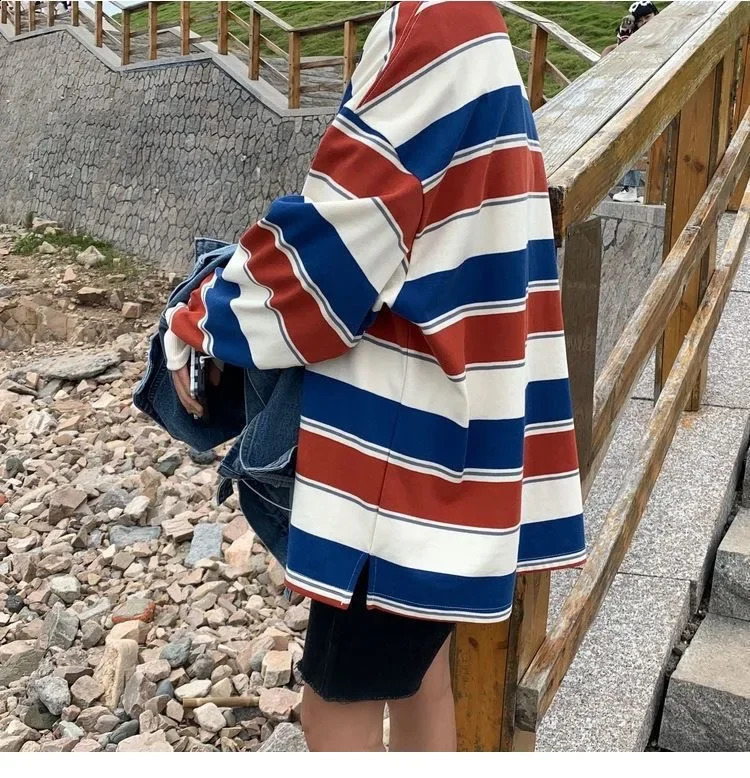 Womens Tshirt Summer Clothing Striped Top Sports Shirt Korean Fashion Long Sleeve Splicing Loose Couple 240820